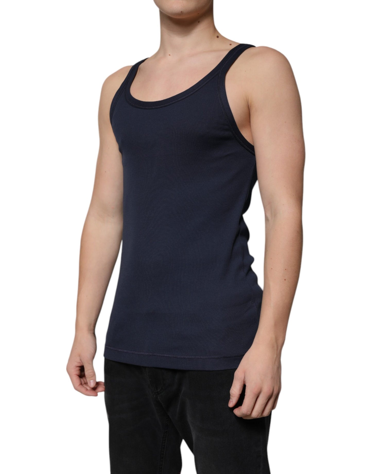 Blue Cotton Sleeveless Round Neck Tank T-shirt