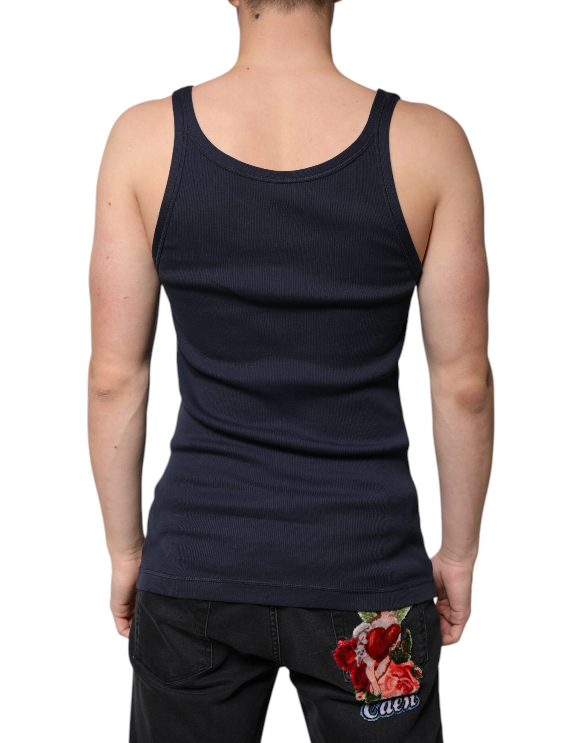 Blue Cotton Sleeveless Round Neck Tank T-shirt