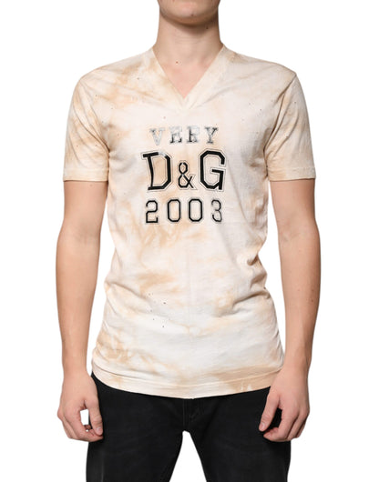 Beige Graphic Print Cotton V-neck T-shirt