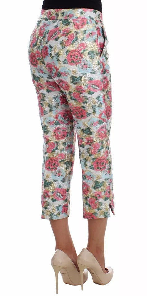 White Pink Floral Brocade Pants