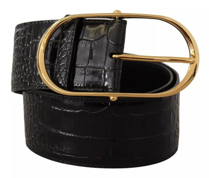 Black Wide Embossed Leather Gold Metal Buckle Belt