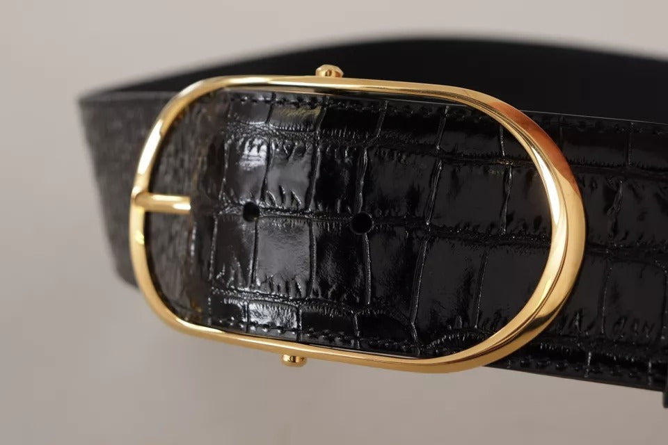 Black Wide Embossed Leather Gold Metal Buckle Belt