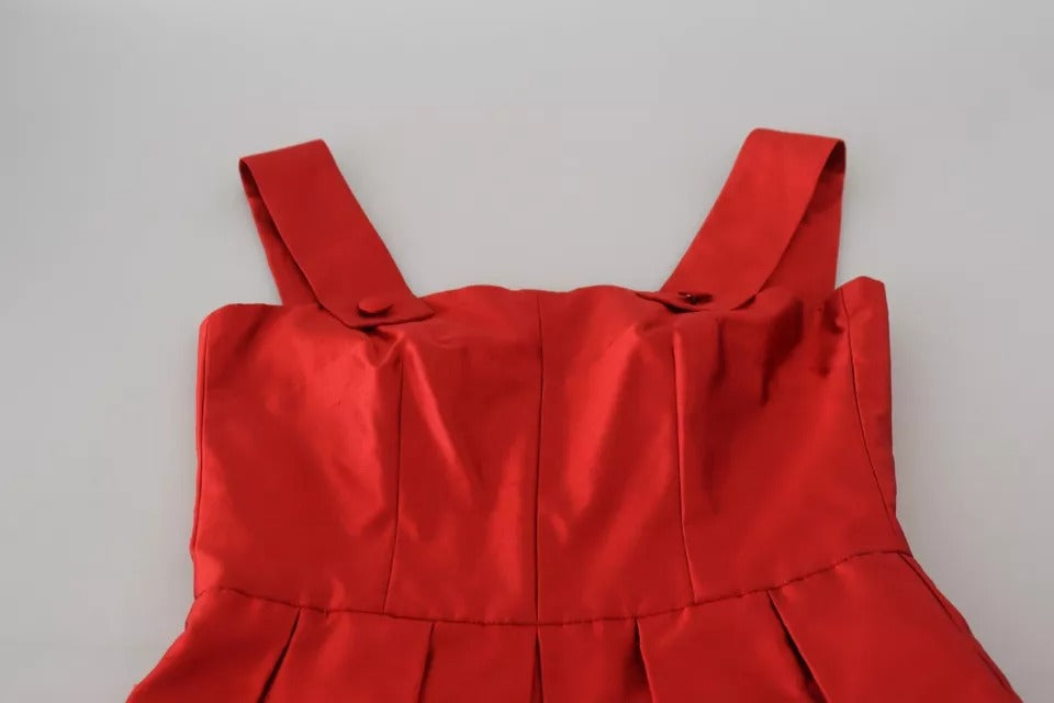 Red A-line Pleated Midi Satin Silk Dress