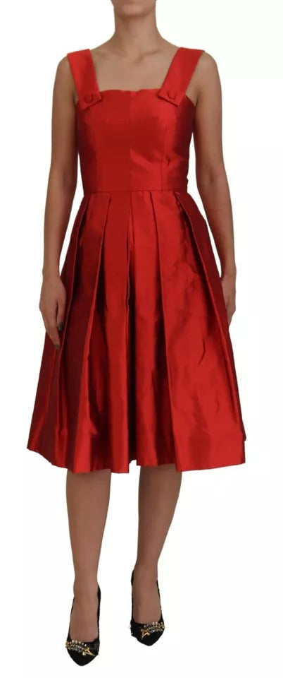 Red A-line Pleated Midi Satin Silk Dress