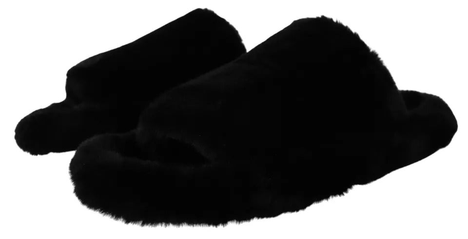 Black Polyester Faux Fur Mens Flats Sandals Shoes