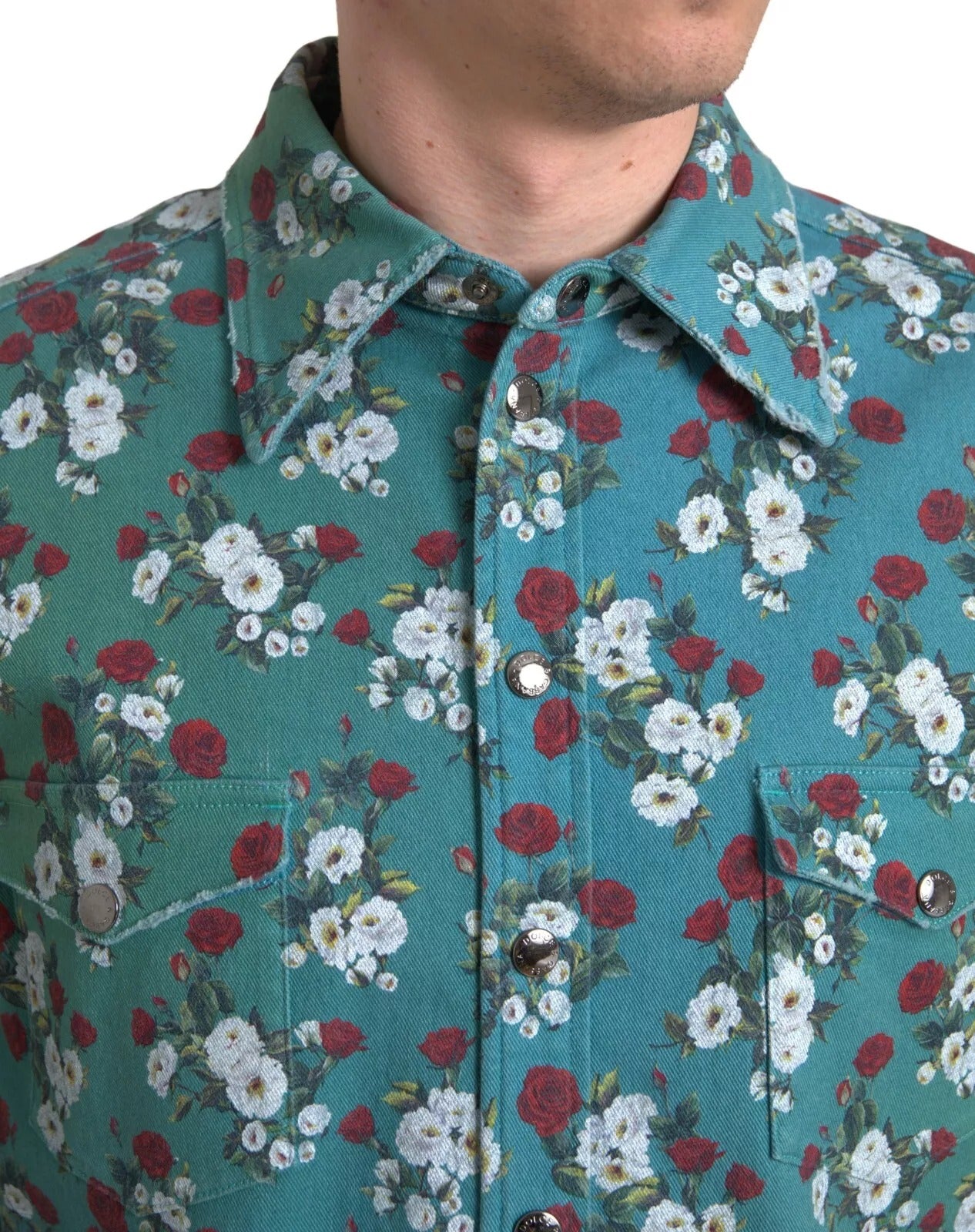 Blue Floral Cotton Button Down Denim Shirt