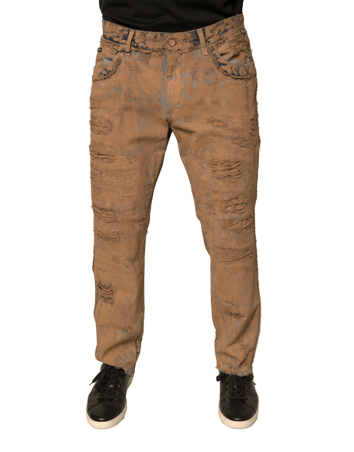 Brown Tattered Cotton Skinny Denim Jeans