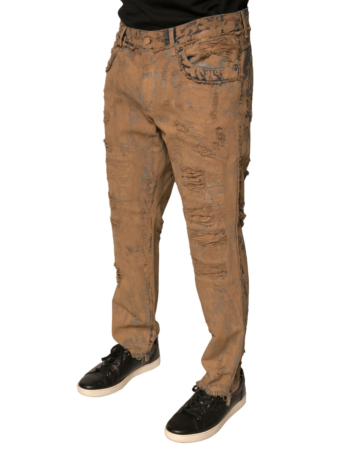 Brown Tattered Cotton Skinny Denim Jeans