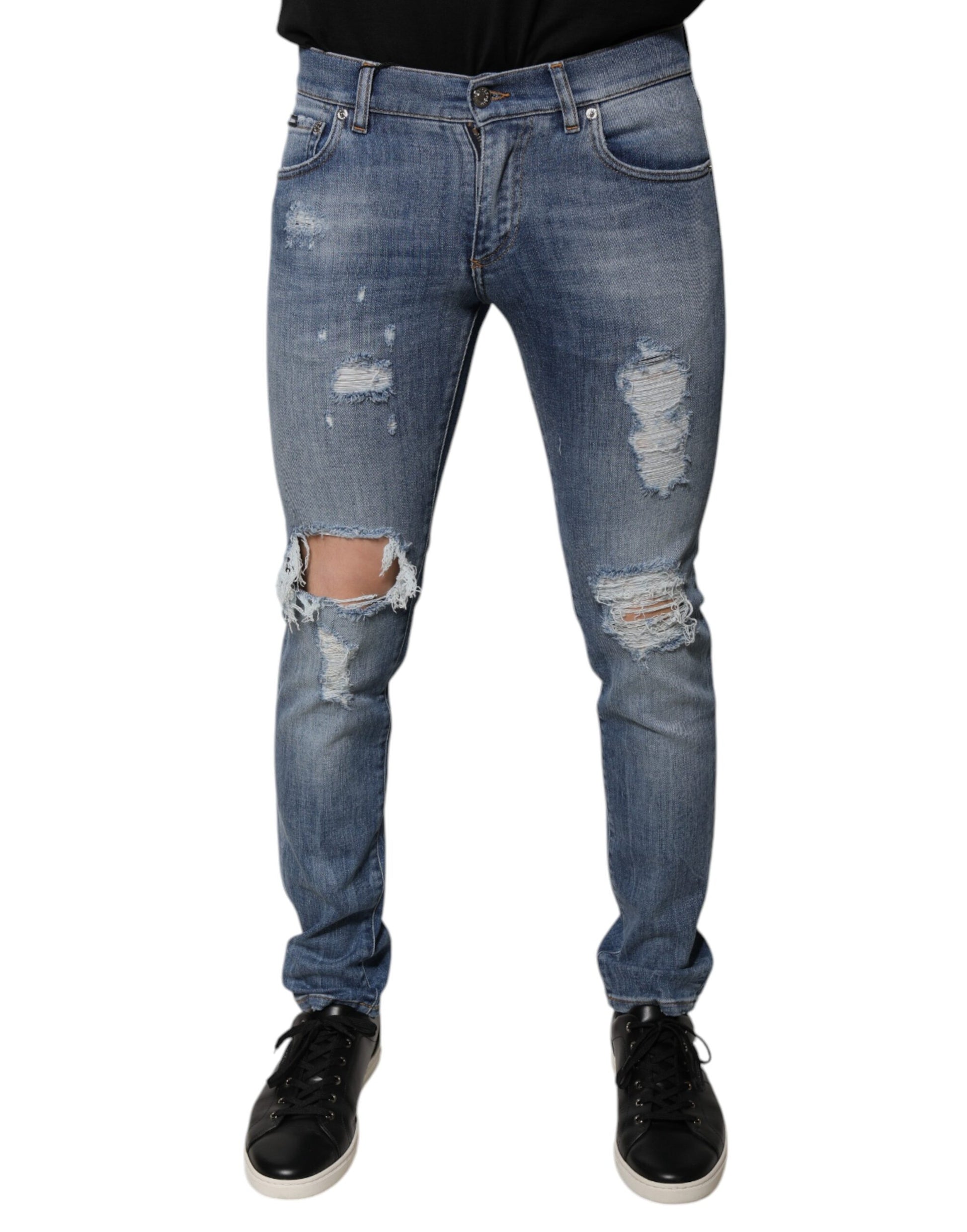 Blue Tattered Cotton Stretch Skinny Denim Jeans