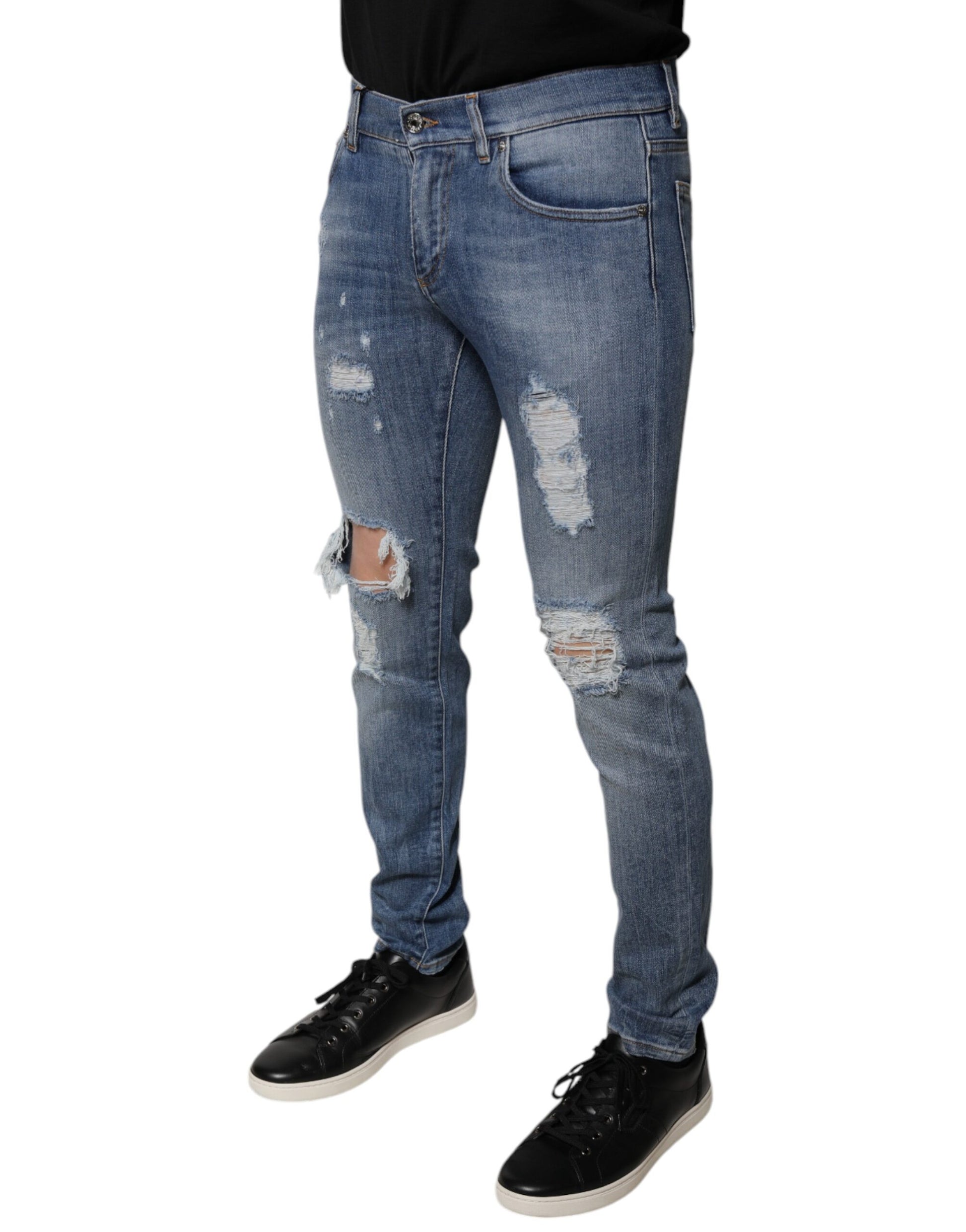 Blue Tattered Cotton Stretch Skinny Denim Jeans