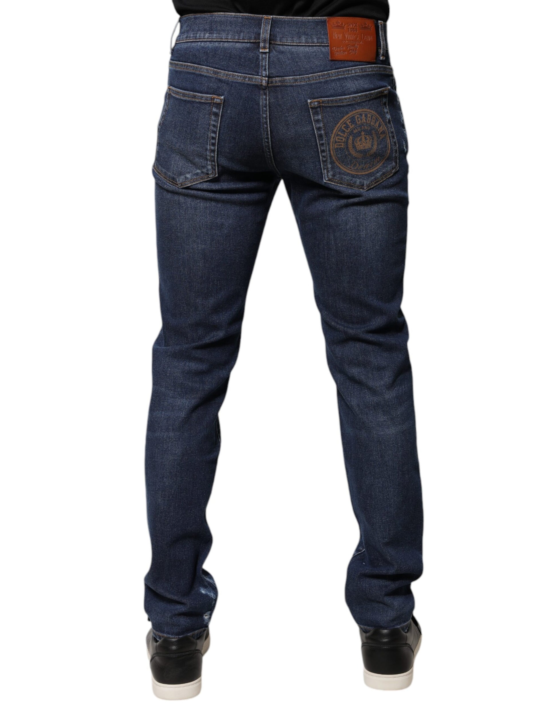 Blue Cotton Logo Print Slim Fit Denim Jeans