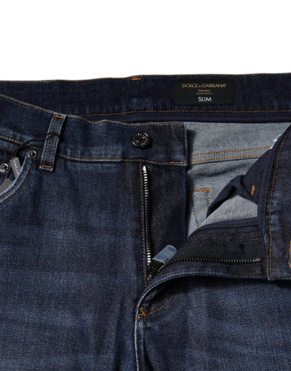 Blue Cotton Logo Print Slim Fit Denim Jeans