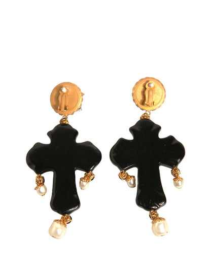 Black Crystal Cross Crystal Embellished Gold Clip On Earrings