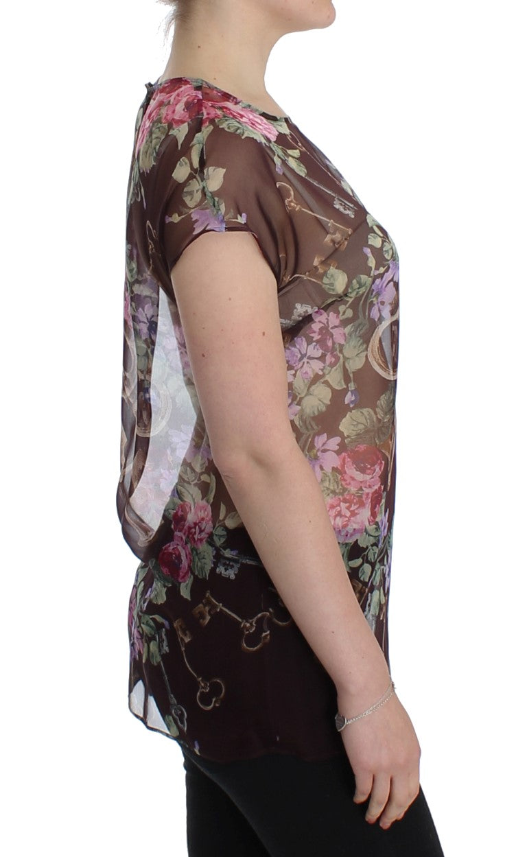 Elegant Floral Silk Blouse with Cap Sleeves