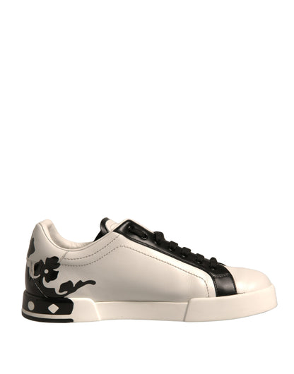 White Black Leather Crown Milano Sneakers Shoes