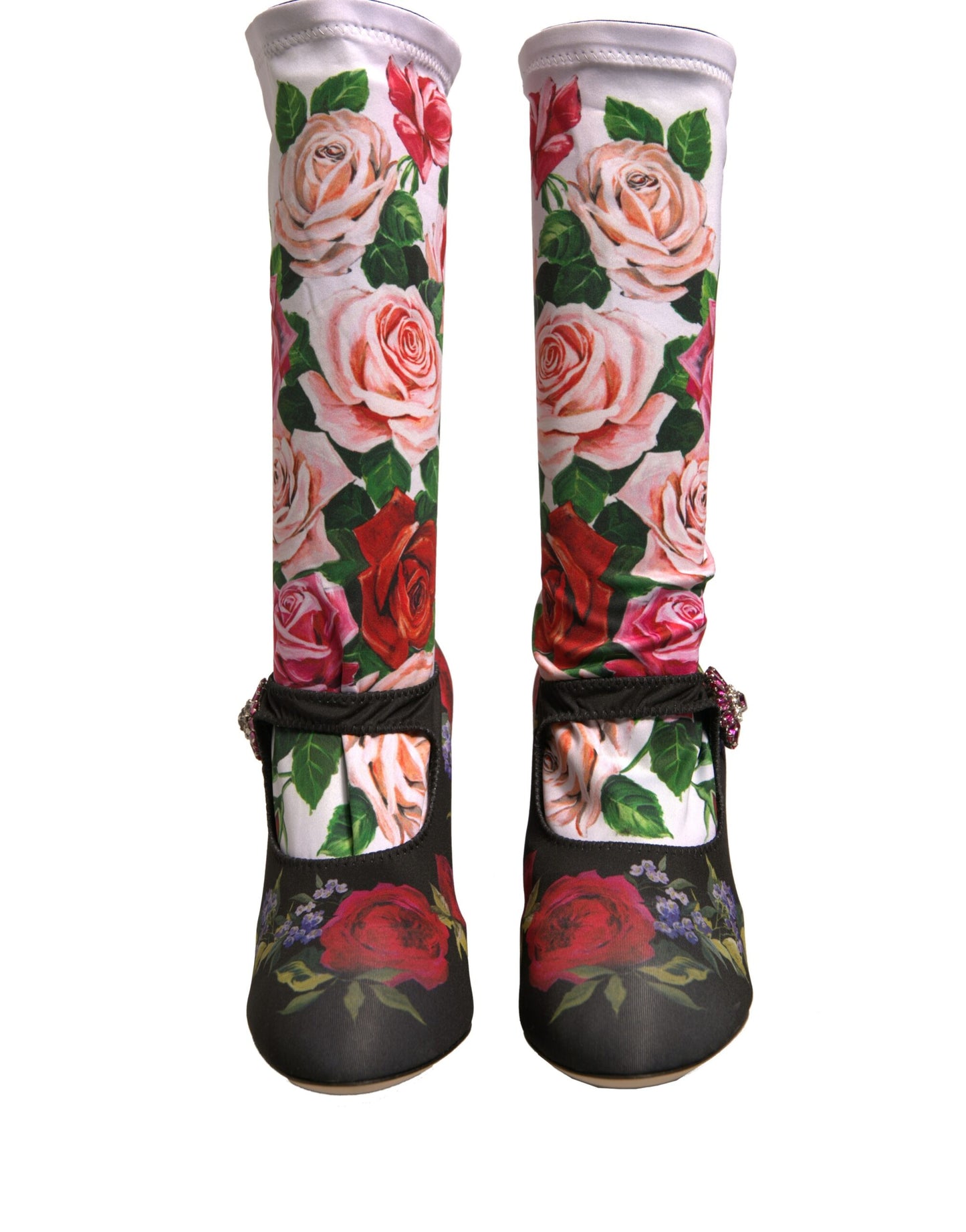 Black Floral Socks Crystal Boots Jersey Shoes