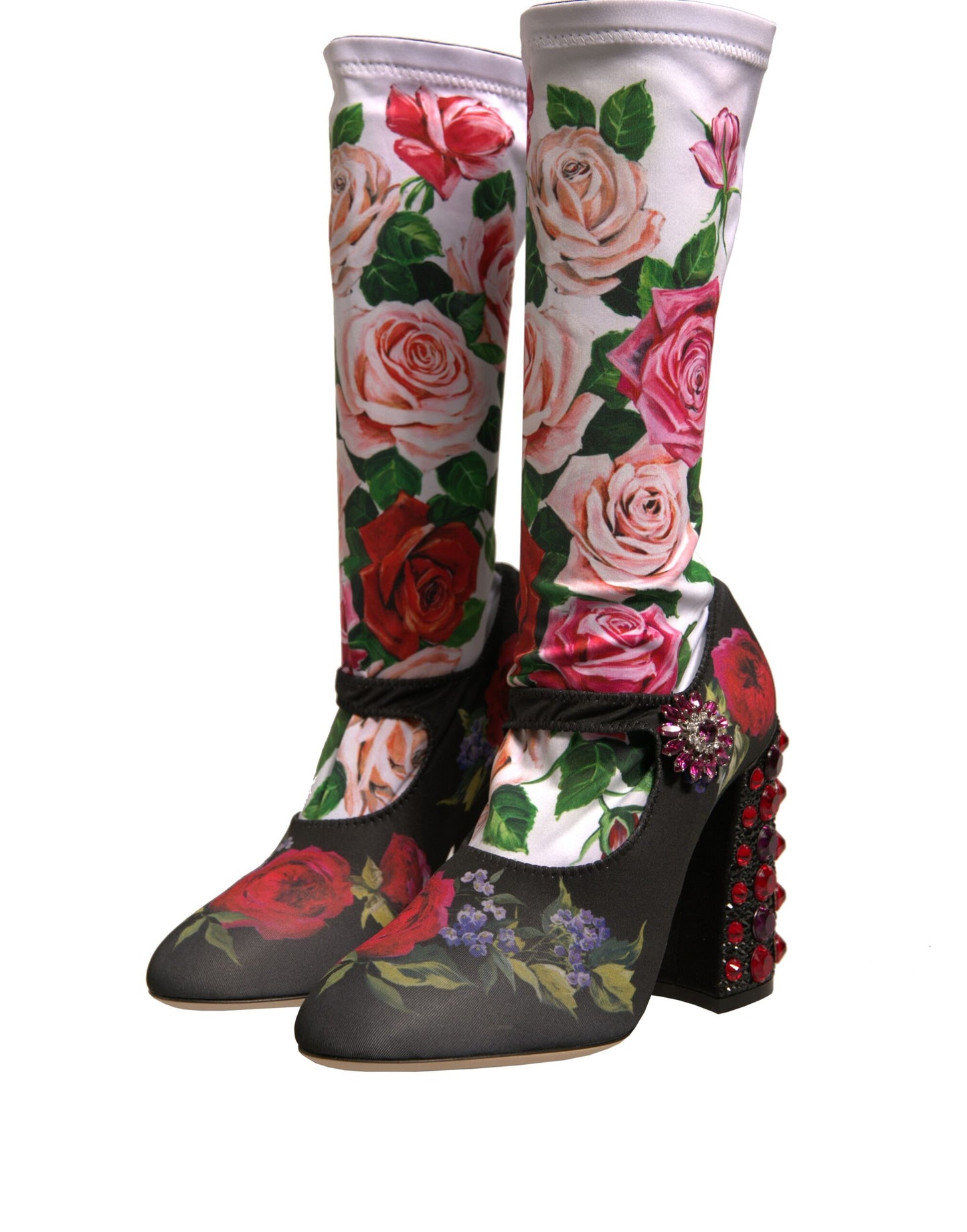 Black Floral Socks Crystal Boots Jersey Shoes