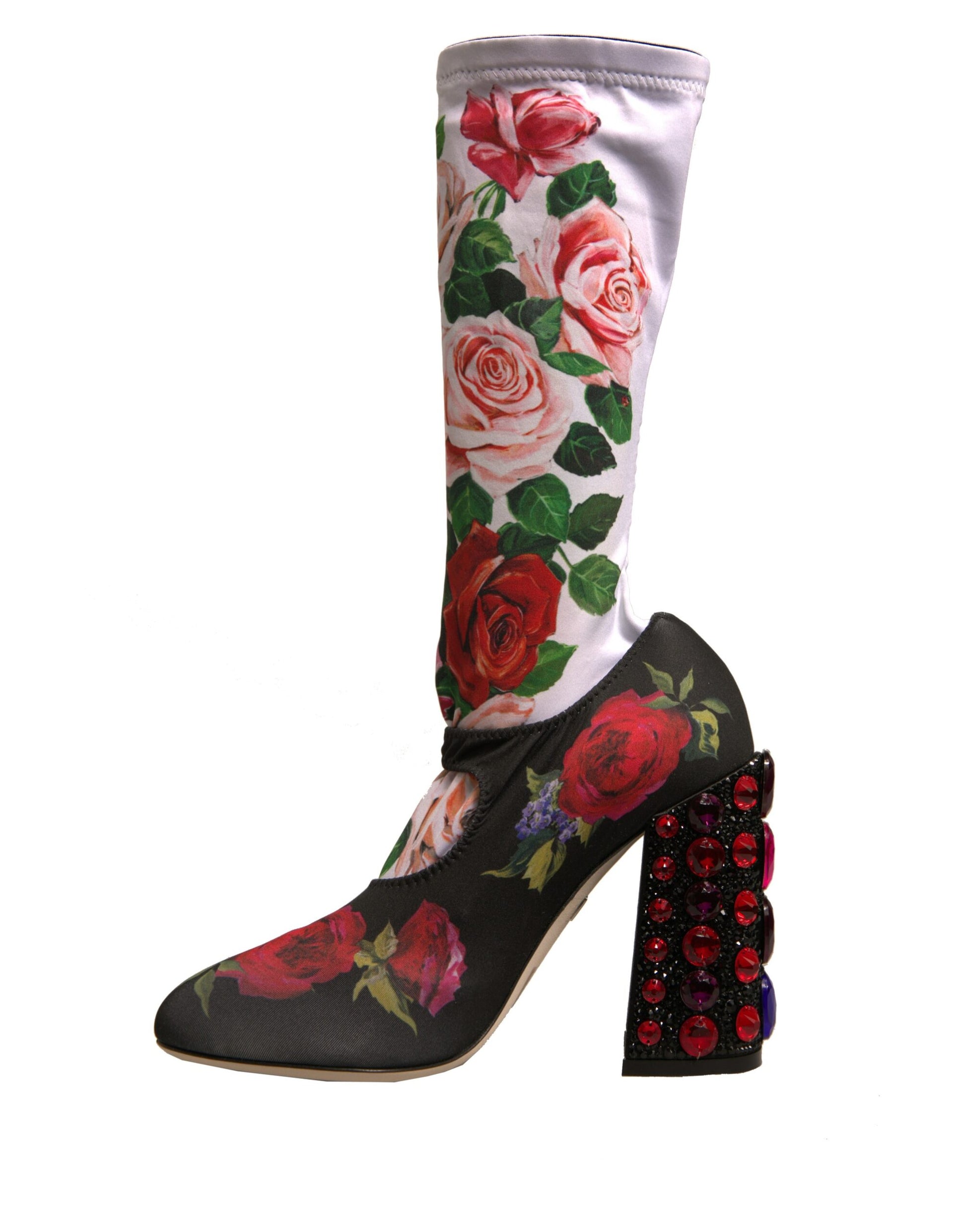 Black Floral Socks Crystal Boots Jersey Shoes