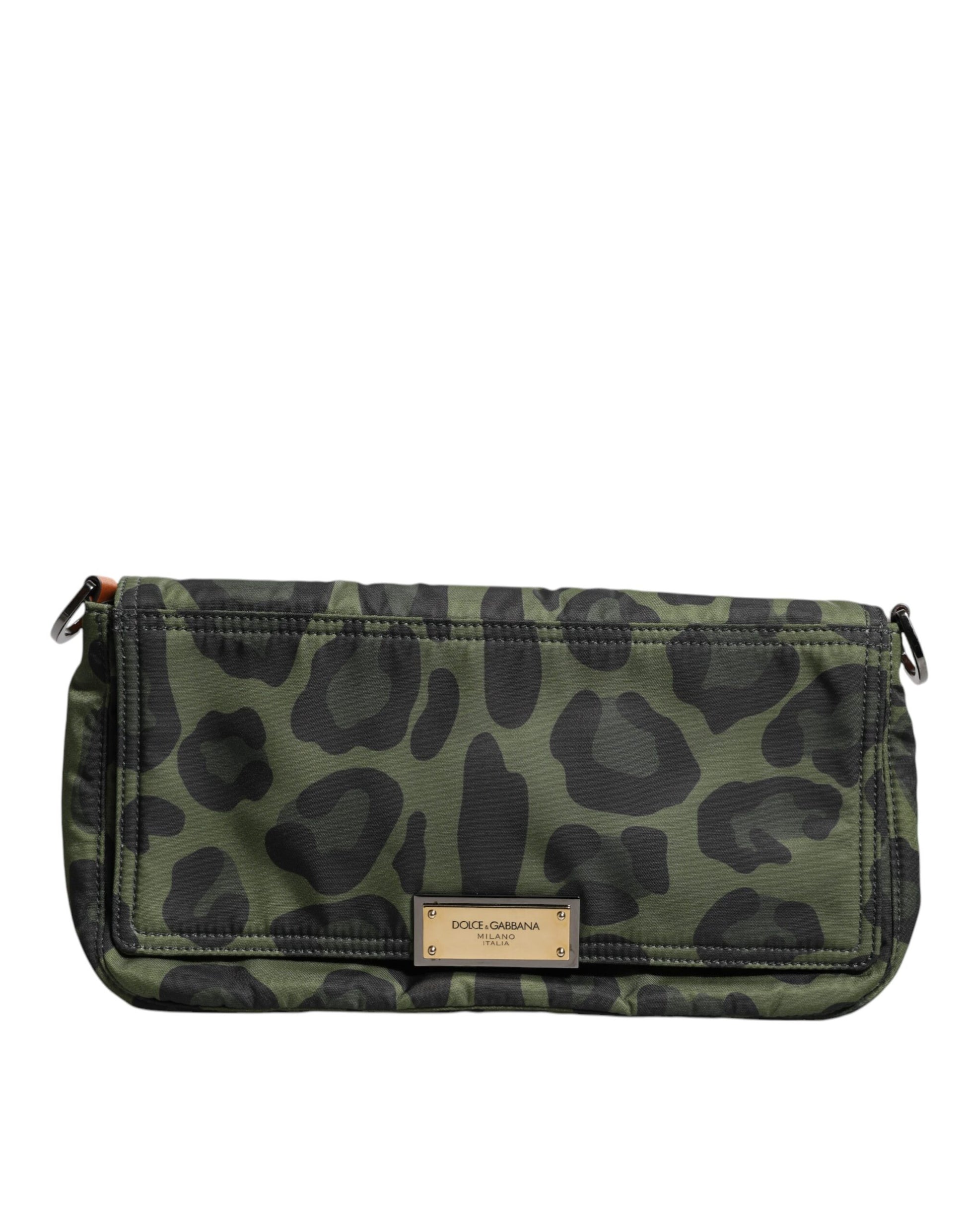 Green Nylon Leopard Print Shell Messenger Crossbody Bag