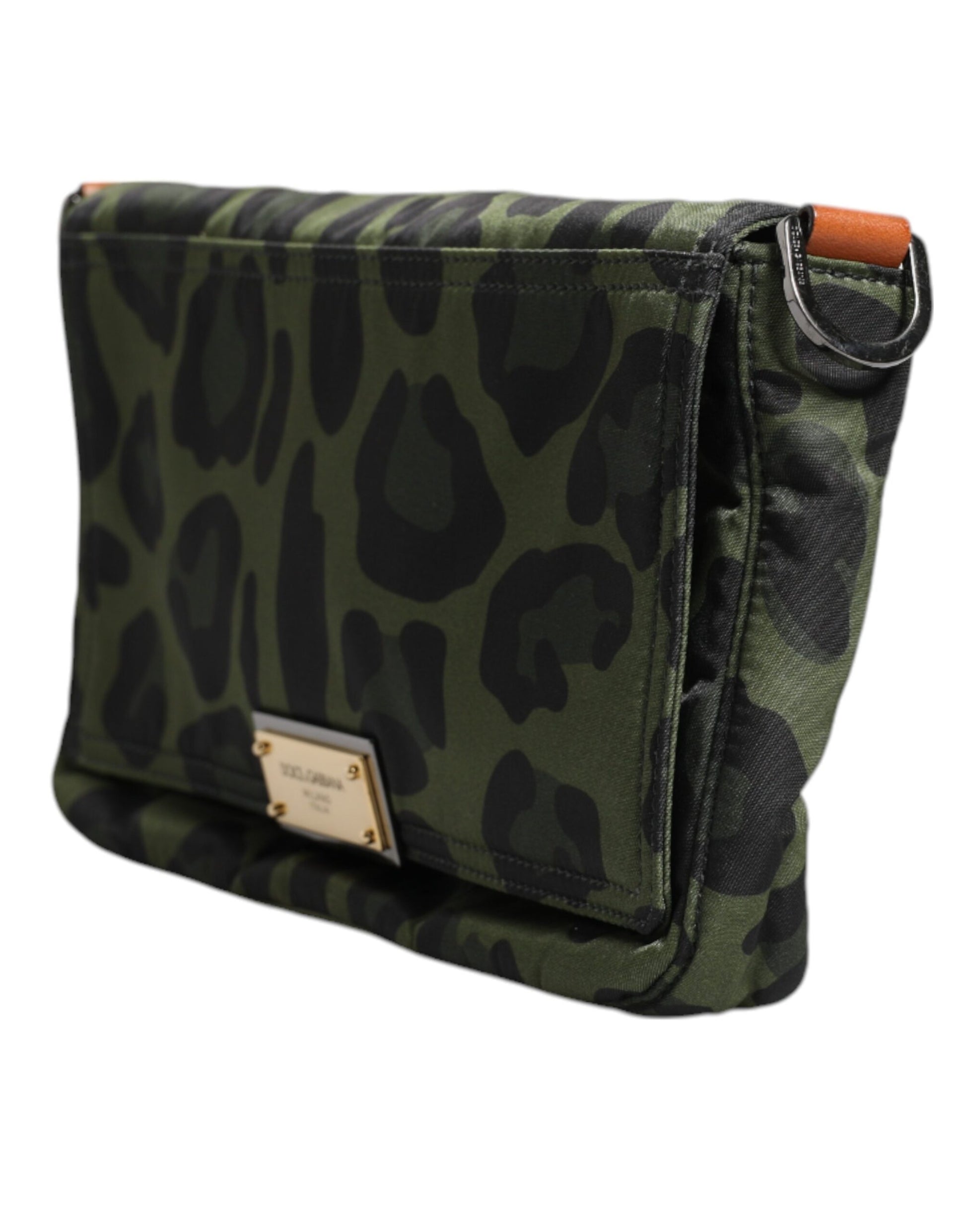 Green Nylon Leopard Print Shell Messenger Crossbody Bag