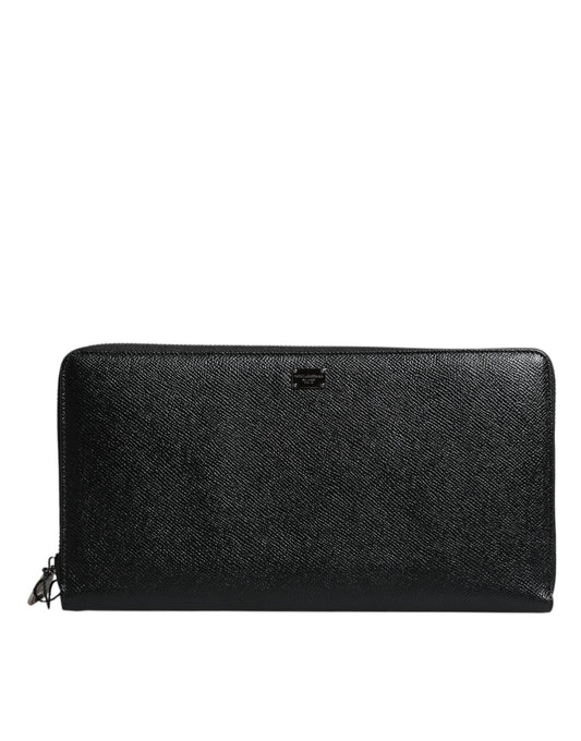 Black Calfskin Leather Logo Zip Around Continental Wallet