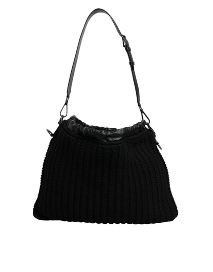 Black Cashmere Knitted Leather Shoulder Bag