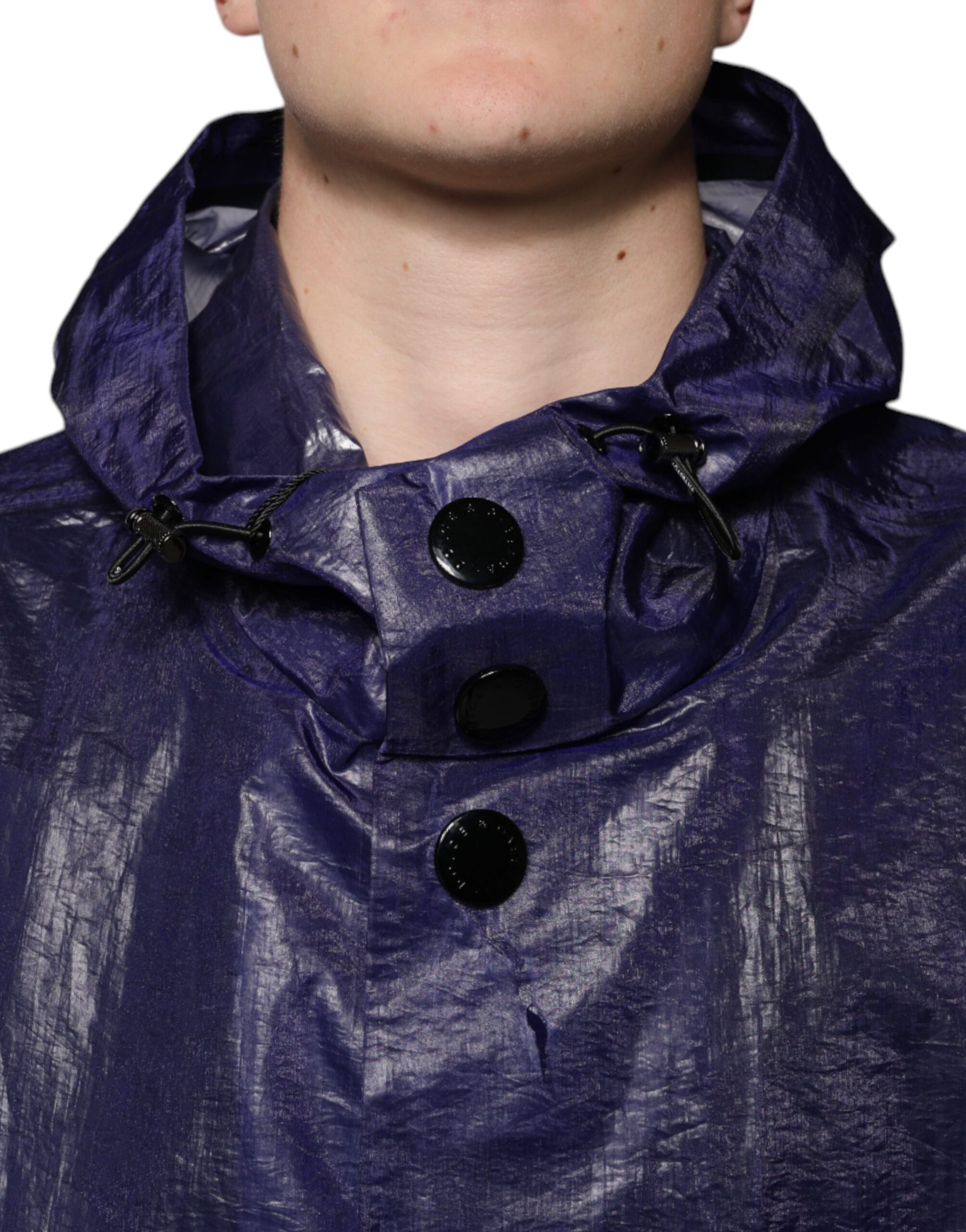 Dark Blue Cotton Hooded Men Raincoat Jacket