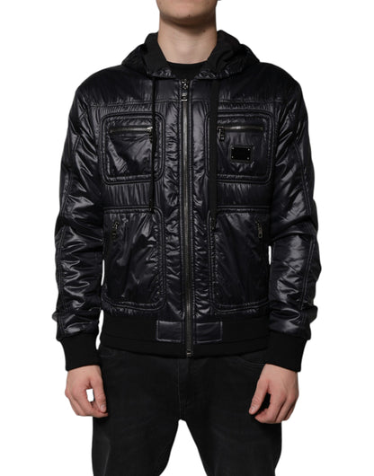 Black Nylon Hooded Full Zip Blouson Jacket