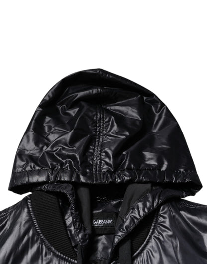 Black Nylon Hooded Full Zip Blouson Jacket