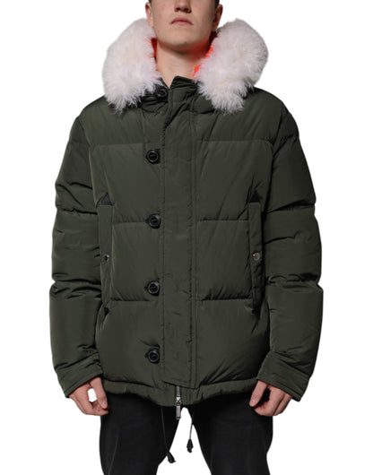 Green Hooded Long Sleeves Fur Shearling Jacket