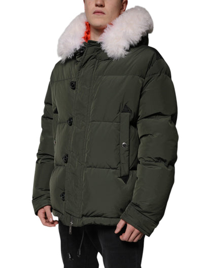 Green Hooded Long Sleeves Fur Shearling Jacket