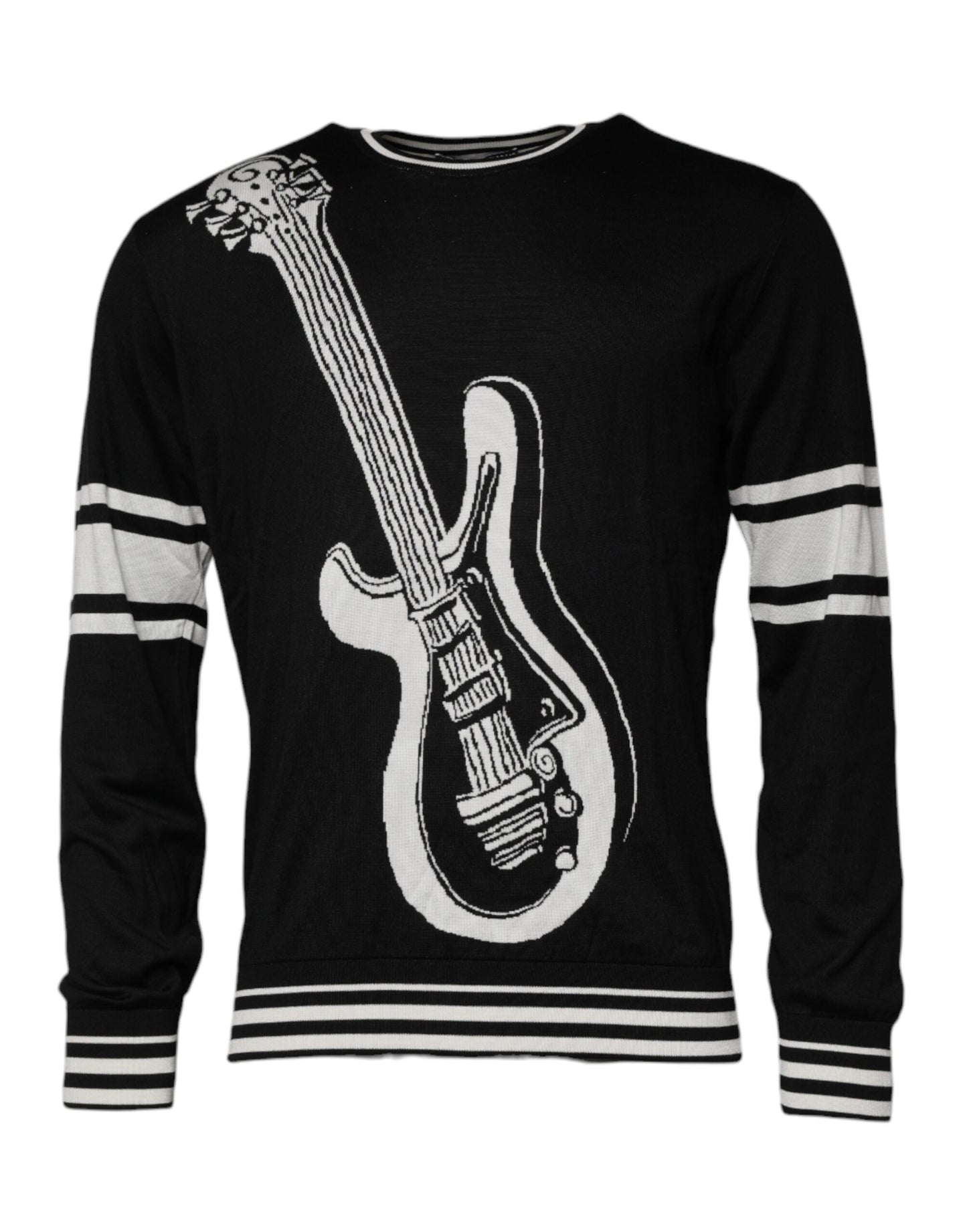 Black White Guitar Silk Crew Neck Sweater