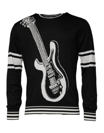 Black White Guitar Silk Crew Neck Sweater