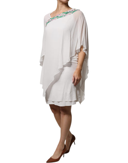 White Floral Embroidery Viscose Chiffon Shift Dress