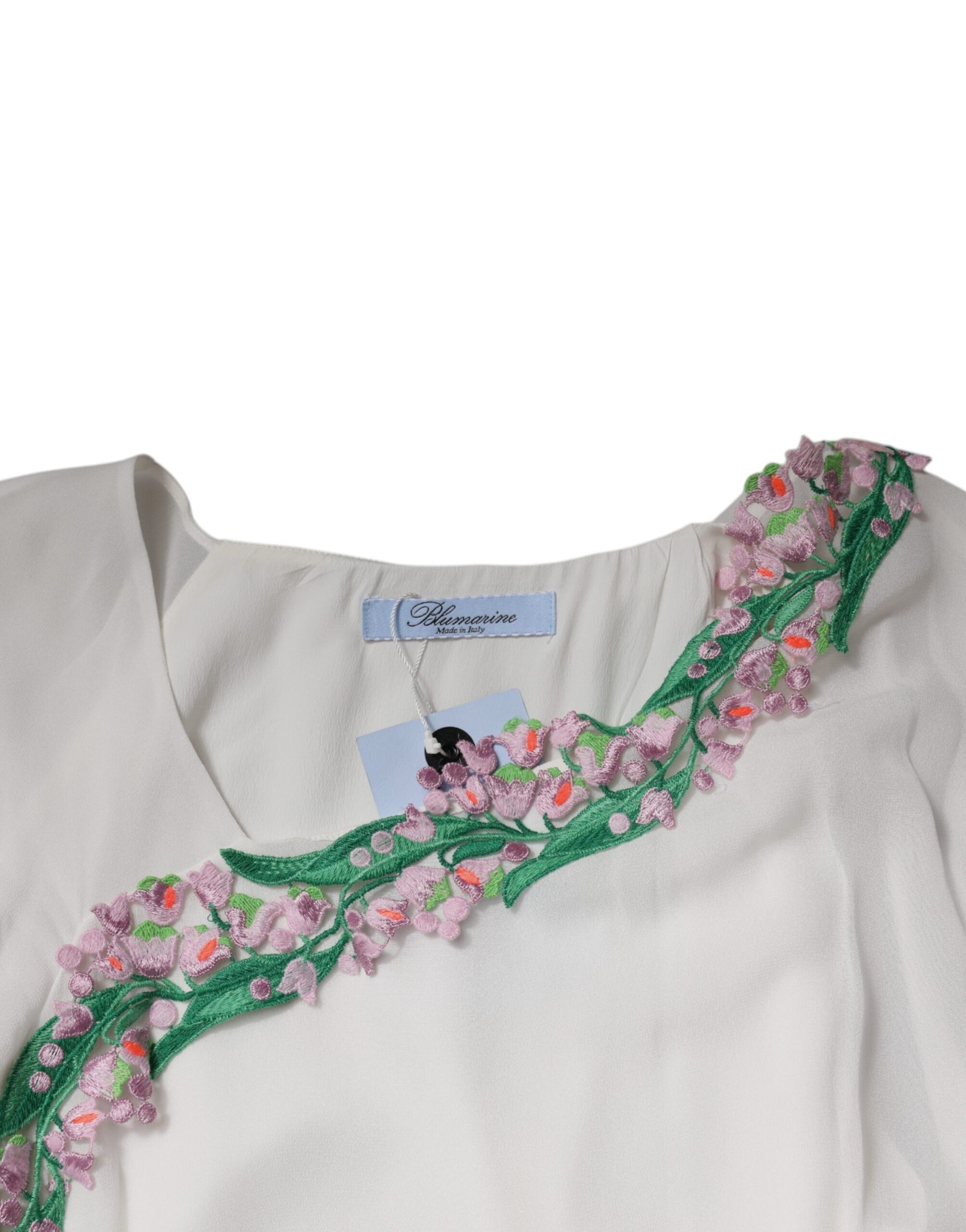 White Floral Embroidery Viscose Chiffon Shift Dress